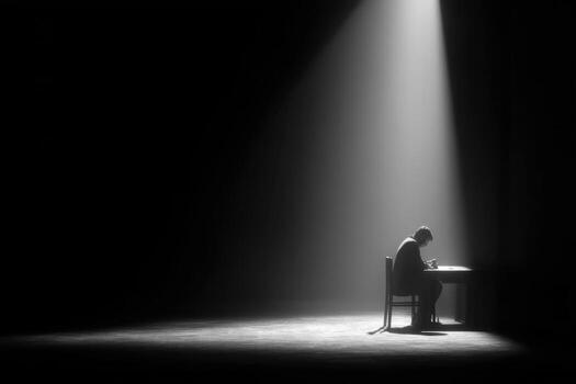a man sitting at a table in the dark with a spotlight shining on him free photo