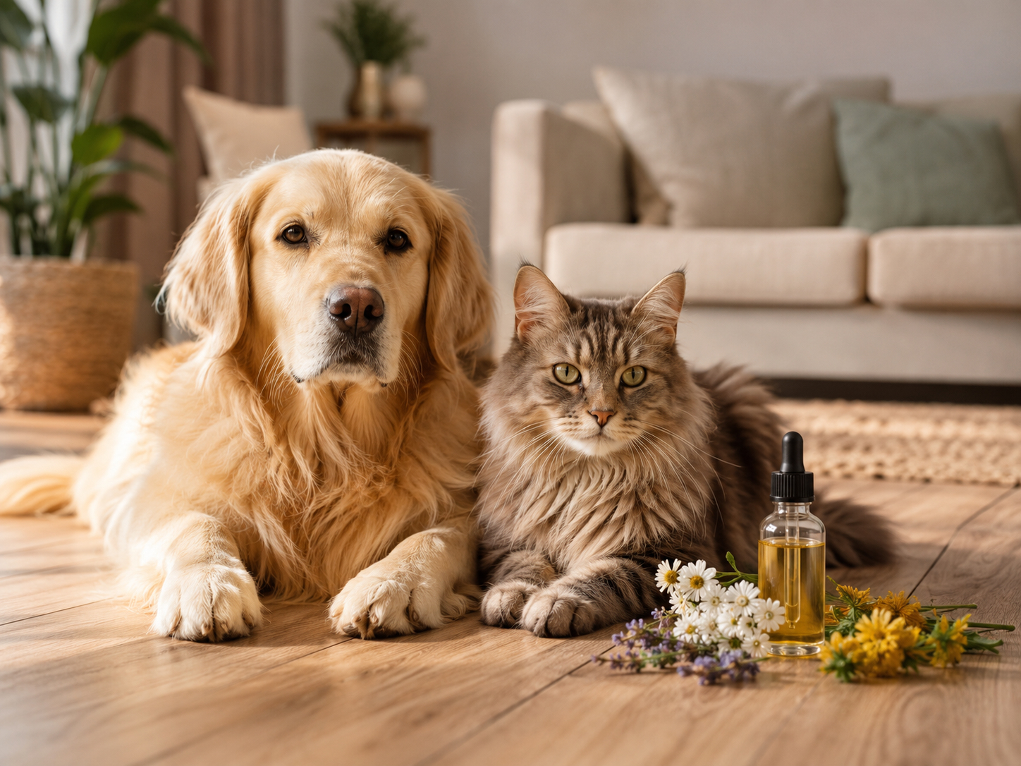 Cane e gatto sereni insieme all'aperto